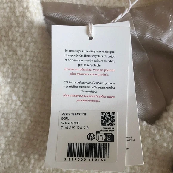 SEZANE Sebastine Quiet Luxury Cream Sleeveless Belted Wool Jacket NWT Size 8 - Picture 7 of 10